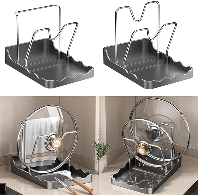 Pot Lid Holder for Kitchen Countertop - 2-in-1 Pot Lid Organizer with Spoon Rest and Rag Holder, PP + Stainless Steel Storage Rack, Grey(A)