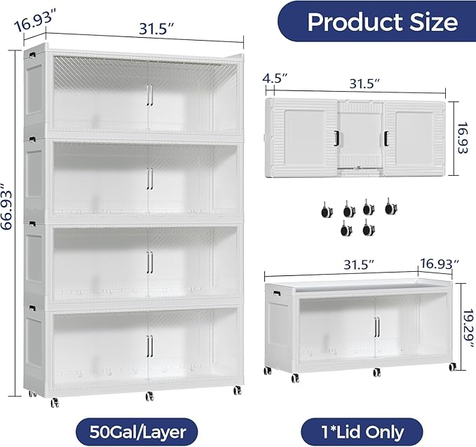QAVABIN 200GAL Extra Large Storage Bins with Lid, 800QT Collapsible Organizer with Wheels, Stackable Closet Cabinet with Doors, Folding Storage Containers for Home, Office, Kitchen, 4Pack White