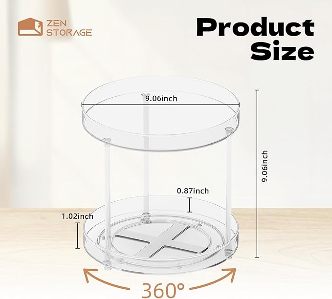 2 Tier Lazy Susan 9 Inch, Turntable Round Plastic Clear Acrylic Organizer Organiztion Storage Container Bins, Rotating Spice Rack, Closet