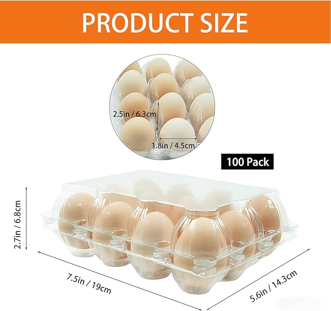 100 Pack 3x4 Plastic Egg Cartons Bulk 12 Count Clear, Reusable Stackable Dozen Chicken Eggs Containers Holders for Storage, Family, Farm Markets and Commercial Display
