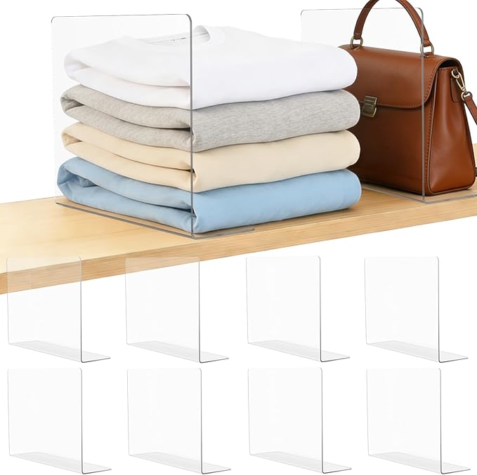 Shelf Dividers for Closet Organization: Acrylic Shelf Dividers for Clothes Sweater Purse - Clear Closet Organizers and Storage Separators for Shelves, 8Pack