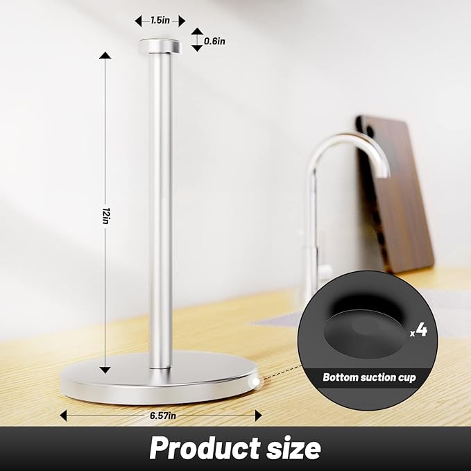 VEHHE Paper Towel Holder Countertop, Stainless Steel Paper Towel Holder Stand with Weighted Base Suction Cups, Standing Paper Towel Roll Holder for Kitchen Bathroom (Silver)