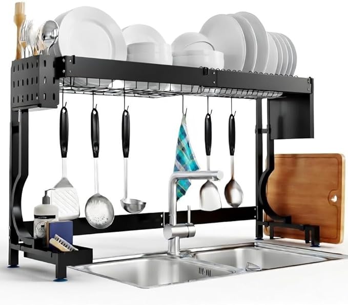 MINGLING Over Sink Dish Drying Rack Kitchen Dish Rack Over Sink Height & Width Adjustable Large Over Sink Dish Drainer Rack Full Stainless Steel (W21.2-37" ~ H18.5-22" Black)