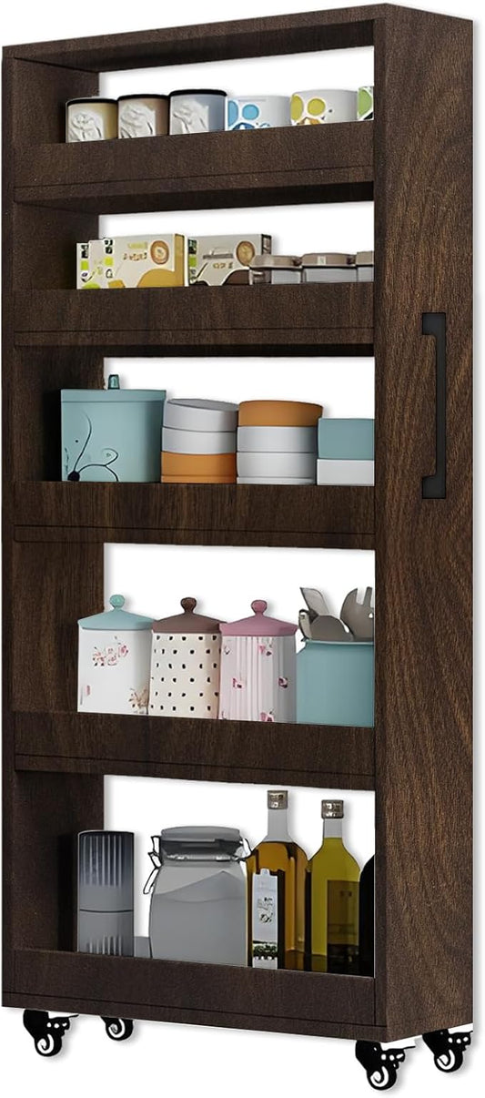 7-Tier Slim Rolling Storage Cart, Wooden Narrow Pantry Cabinet with Wheels, Tall Space-Saving Shelf Organizer for Kitchen, Laundry, Bathroom (Dark Brown, 59" H*9.8" W*23.6" D)