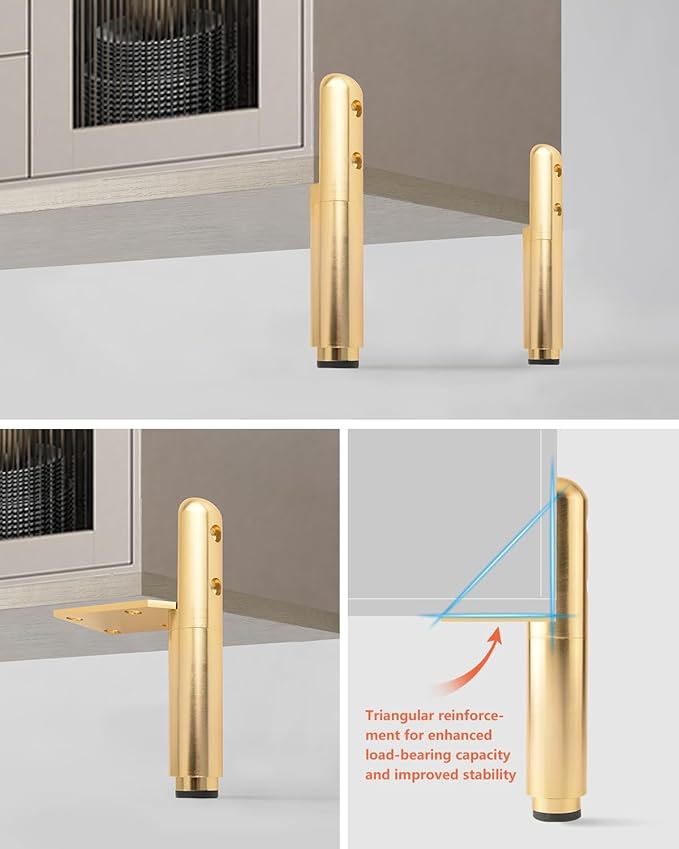 4 Pack Adjustable Furniture Legs Golden 3.3-4.5 Inch Coffee Table Height Extenders Nightstand Legs Replacement Support Metal Feet Desk Legs