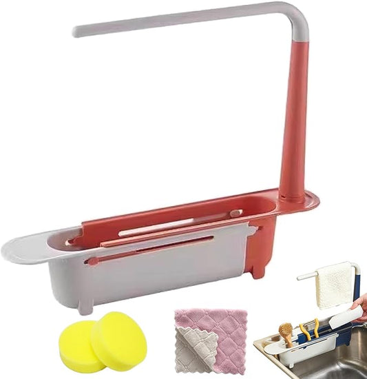 Updated Telescopic Sink Storage Rack, Dish Drying Rack over the Sink, Expandable Slim Drain Basket, Multifunctional Caddy Adjustable Kitchen Sponge Holder, for Counter Space Bathroom (1 PCS-Red)