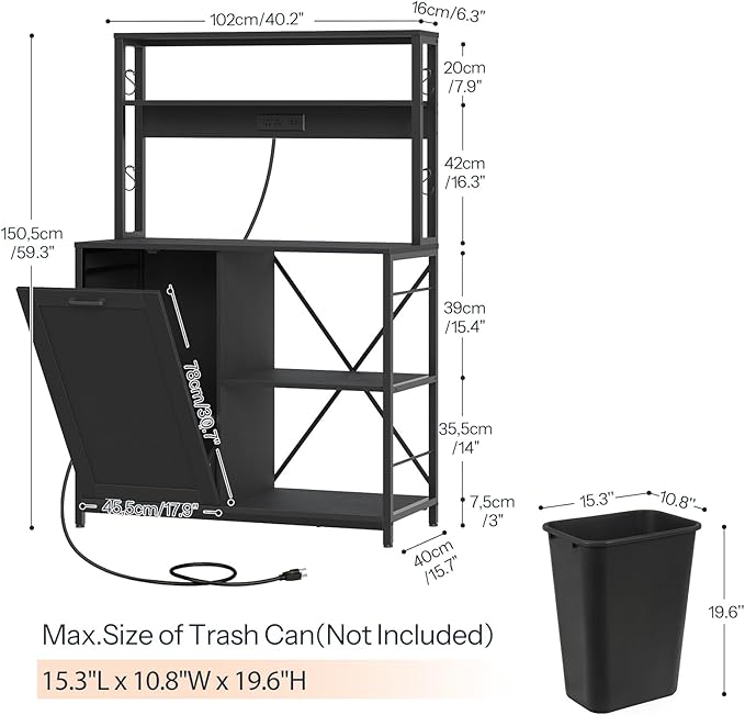 HOOBRO Bakers Rack with Power Outlet, Microwave Stand with Trash Can Bin Cabinet, 5-Tier Kitchen Storage Shelf Cabinet, Tall Coffee Bar Table Station for Dining Room, Living Room, Black BB50UHB01