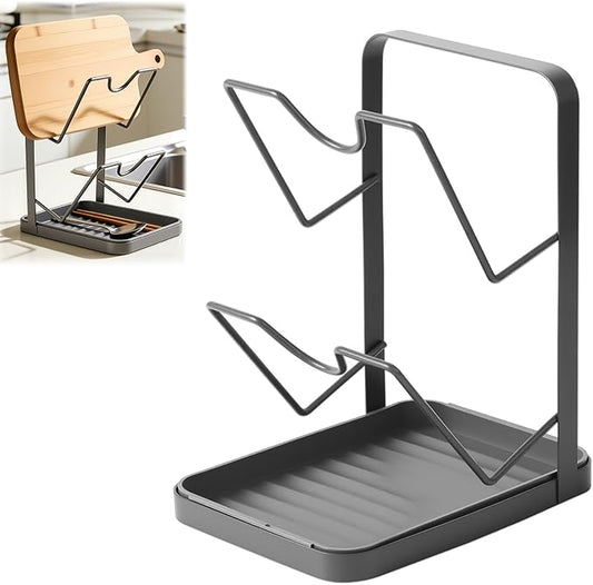 Kitchen Pot Lid Storage Rack, Pot Lid Holder With U-Shaped Vertical Slots, Multifunctional Kitchen Pot Cover Organizer for Countertop, With Removable Drip Tray for Stove Top (Black)