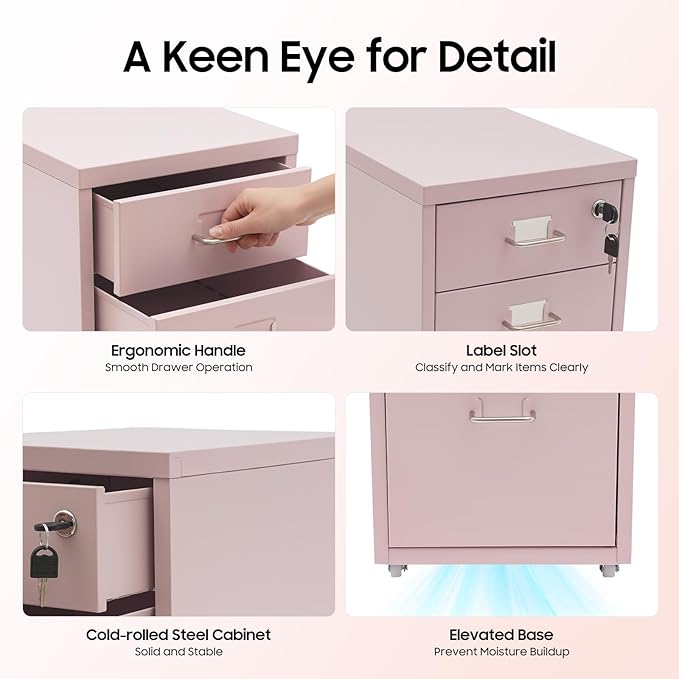 3-Drawer Vertical File Cabinet with Lock and Wheels, Mobile Rolling Storage Organizer for Home Office, Pink Filing Cabinet Under Desk, 11" D x 16" W x 18.3" H
