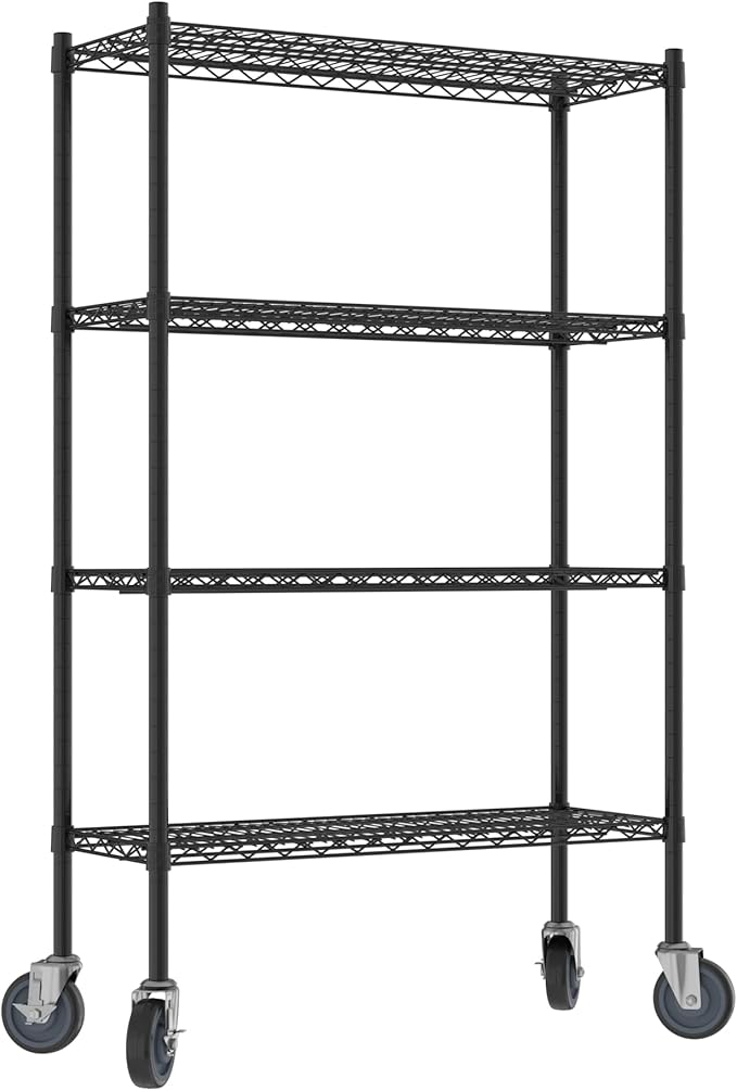 Commercial NSF Listed Black Epoxy Mobile Wire Shelving Kit 14" x 36" x 60", with 4 Shelves Perfect for Warehouse, Walk-in Refrigerator, Freezer, Grocery Store, Restaurant, Dishroom