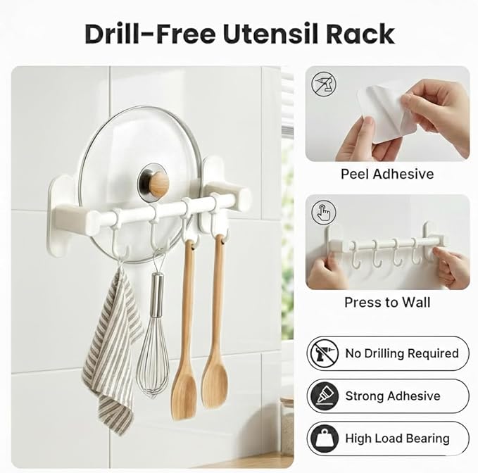 Refrigerator Organizer Bin with Wheels and Adhesive Utensil Holder Wall Mount Kitchen Rack Rail with 4 Hooks, Roll Out Pantry Storage with Dividers, Fridge Organizers and Storage