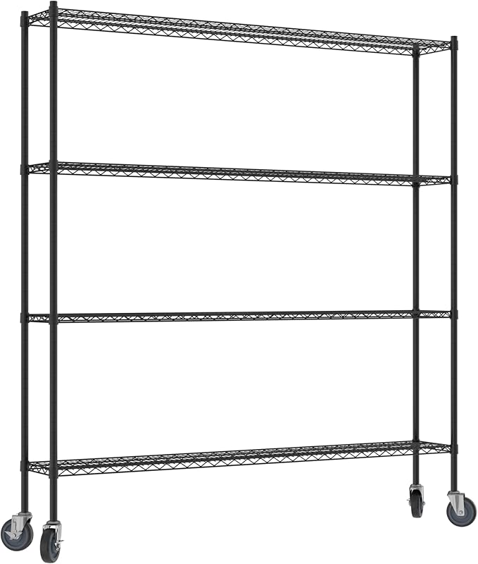 Commercial NSF Listed Black Epoxy Mobile Wire Shelving Kit 12" x 72" x 80", with 4 Shelves Perfect for Warehouse, Walk-in Refrigerator, Freezer, Grocery Store, Restaurant, Dishroom