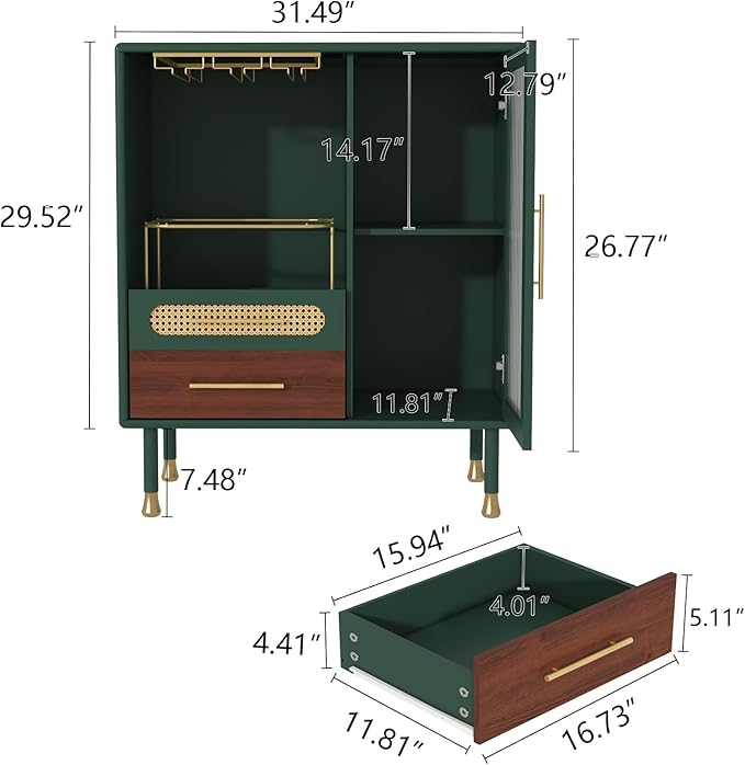 ARTPOWER Modern Coffee Bar Cabinet with Wine Glass Rack and Drawers, Green Liquor Cabinet with Pull-Out Wine Storage for Kitchen, Dining Room, Living Room