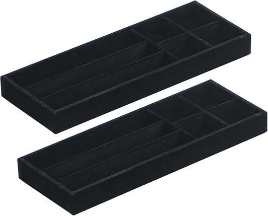 2Pcs Desk Drawer Storage Tray, Nightstand Organizer Tray, Necklace Bracelet Ring Earring Jewelry Display Tray, Grid Table Organizer Holder Tray for Sunglass, Phone, Watch, Perfume (7 grid)/Black