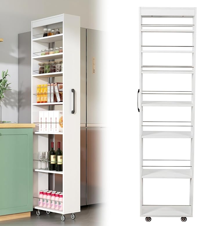 Domesto 7 Tier Slim Storage Cart, Rolling Spice Rack Next to Fridge Slim, Wooden Narrow Buffet Server Storage Shelf Freestanding Shelves Units, for Living Room & Narrow Spaces (White)