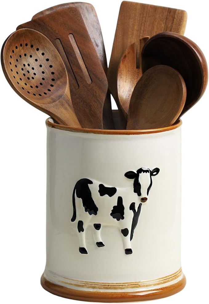 SOCOSY Ceramic Retro Cow Embossed Kitchen Utensil Holder For Countertop Large Cooking Utensil Crock Holder Spatula Holder