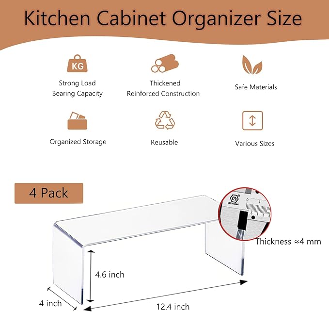4 Packs Multipurpose Acrylic Mug Organizer for Kitchen Cabinets,Display Narrow Risers,Kitchen & Retail,Craft Shows,Lego & Candle Display,Spice Rack for Dishes, Spices,and Bottles,12.4 x 4 x 4.6 inch