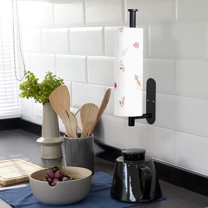 Paper Towel Holder Under Cabinet - Self Adhesive Paper Towel Roll Holder Wall Mount, Matte Black Stainless Steel Towel Paper Holder for Kitchen, Bathroom, Cabinets (2 Pcs)