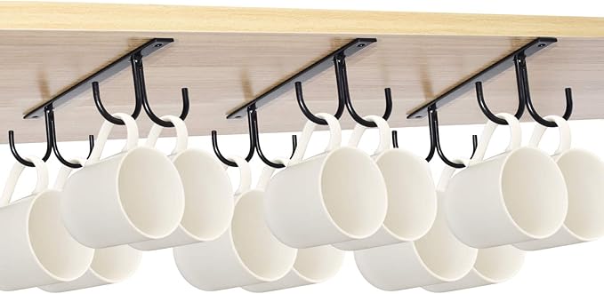 MOCOUM Under Cabinet Mug Rack, Rustic Mug Organizer Rack Cup Holder Under Shelf 12 Hanging Hooks Rack for Mugs, Coffee Cups and Kitchen Utensils Display (Black-3 Pack-12 Hooks)