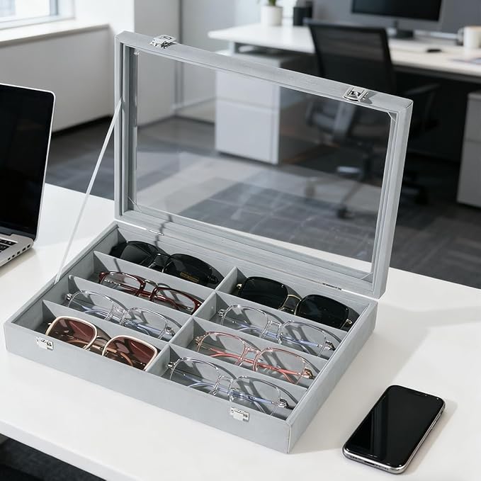 Glasses Holder Box Drawer Sunglass Organizer for Men Clear Wide Storage Case 8 Slots Multiple Reading Glasses Display, Gray Velvet With Clear Glass Lid
