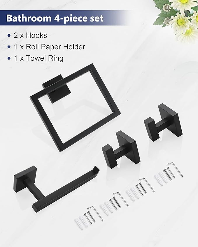 Matte Black Bathroom Hardware Set 4 Pieces, Toilet Paper Holder Set SUS304 Stainless Steel Bath Hand Towel Ring Set for Bathroom Hardware Accessories Set Wall Mounted