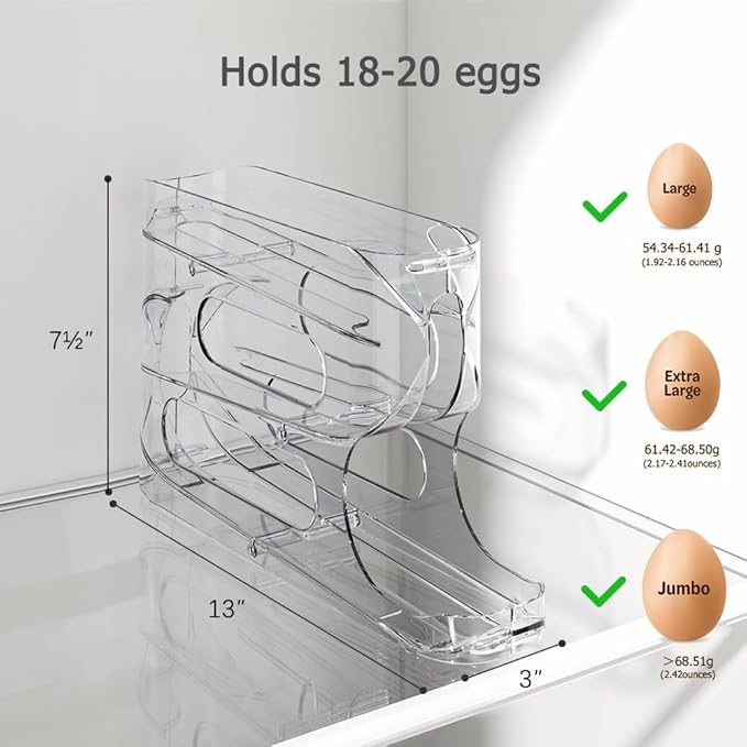Sotfamily Clear Egg Holder for Fridge, Auto Rolling Egg Dispenser for 18 Eggs, Space-Saving Egg Roller, Organizer, Container, Storage for Refrigerator & Kitchen Countertop(1 Pack)