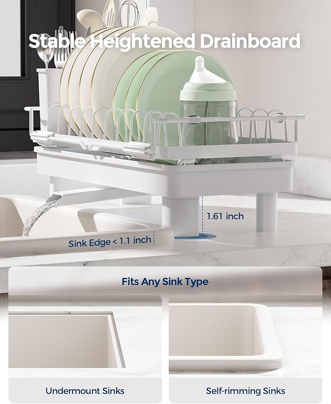 Nacial Small Dish Drying Rack with Utensil Holder, Expandable Dish Rack Over Sink with Auto-Drain Tray, Compact Dish Drainer for Kitchen Counter, Stainless Steel Dish Rack Fits 14''–21.8'' Sink, White