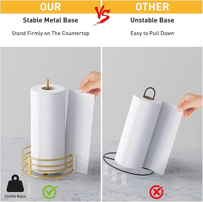 Buruis Shiny Gold Paper Towel Holder for Kitchen Countertop - One Hand Tear with 8" Wide Base, 13" Height, Raised Feet & U-Handle - Premium Steel Stand, Fits Jumbo Mega Rolls