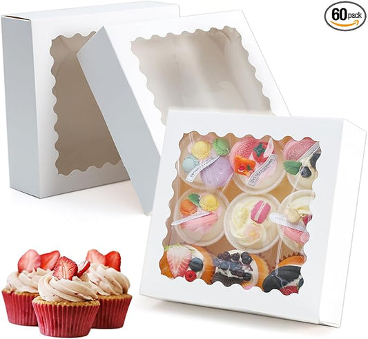 40 pcs 8x8x2.5 Inches Cake Box with Window, Bakery Pastry Cookie Boxes, Mini Pie for Pastry,Dessert,Strawberries,Chocolates（White）
