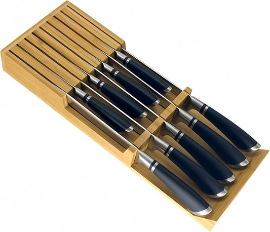 Bamboo Knife Drawer Storage Organizer Insert | 9-Slot Kitchen Knife Block with Anti-Slip Design| Space-Saving Kitchen Storage (16.55"x6.05"x2.05")