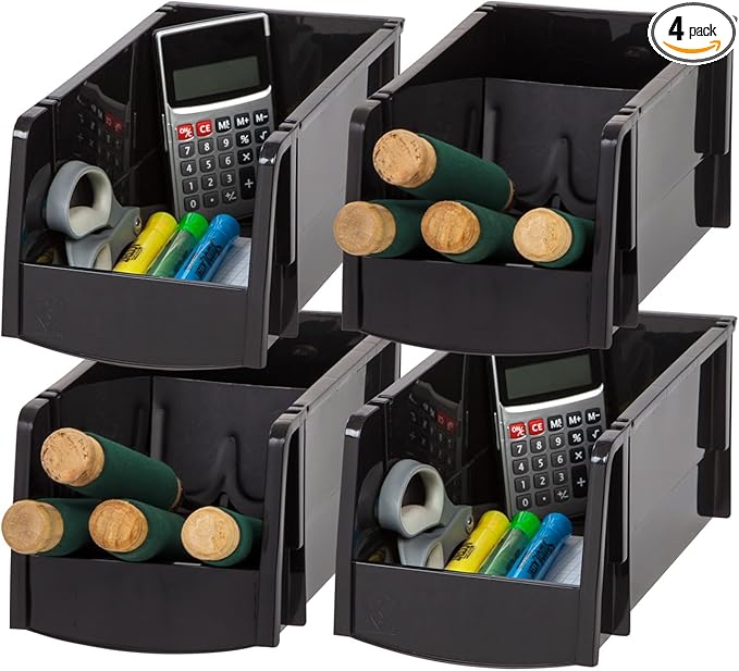IRIS USA Medium Stackable Storage Bins, 4-Pack, 11"L x 6"W x 5"H, |Made in USA|, Plastic Open Front Shelf Bin for Organizing Parts, Hardware, Tools, Supplies, Garage Shelf, Pantry - Black