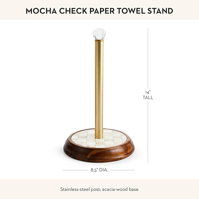 MACKENZIE-CHILDS Wood Paper Towel Holder, Decorative Paper Towel Holder for Kitchen, Brown-and-White Mocha Check