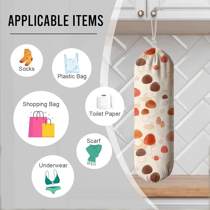 Mushroom Plastic Bag Holder, Reusable Grocery Bags Holder, Washable Hanging Shopping Bags Carrierfor Home Kitchen, Kitchens Housewarming Gifts, Kitchen Pattern Garbage Bag 51