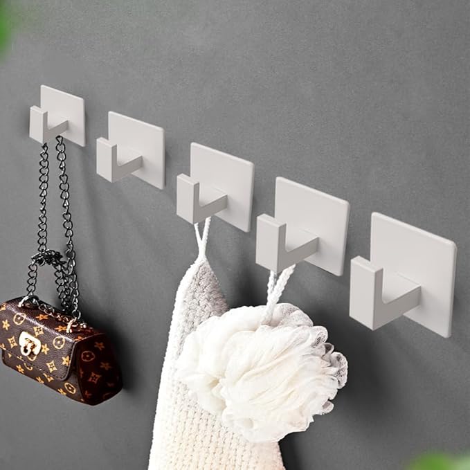 Vanloory Bath Towel Hooks, 6 Pack Self Adhesive Square Coat Hooks, Sturdy No Drilling Robe Hook, Heavy Duty Aluminum Clothes Hanger, Wall Hooks for Bathroom Bedroom Kitchen (2 in, White)