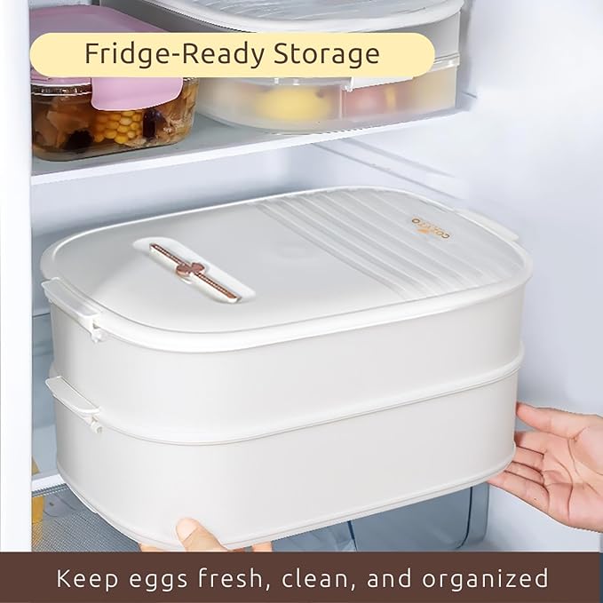 COZYTO Premium EggNest 2-Layer Egg Holder for Refrigerator – Stackable Egg Storage Tray with Sliding Date Dial Lid | Holds 44 Eggs | BPA-Free, Durable & Space-Saving (White Lid & White Box)