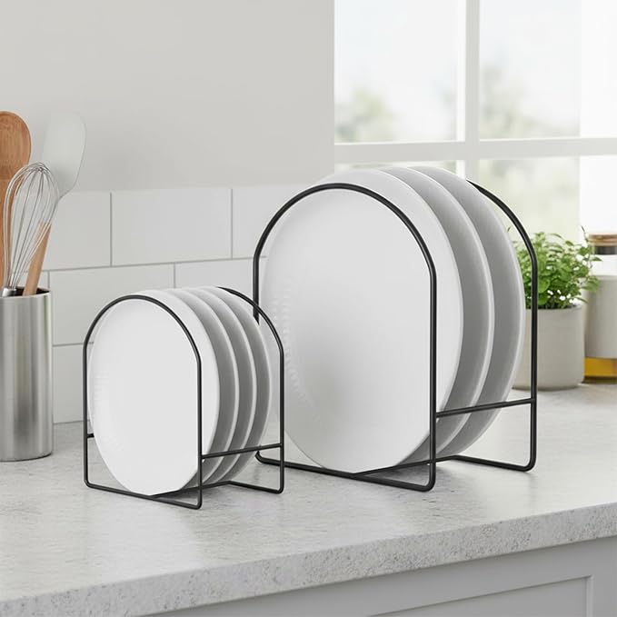 4 Packs Black Kitchen Plate Holder for Cabinet 2 Large 2 Small Dinner Dish Plate Organizer Rack Upright Dish Drying Racks Metal Dishes Racks Stand