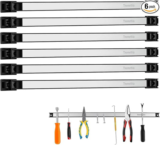 18" Magnetic Tool Holder Strip, 6 Pieces Silver Metal Tool Organizer Rack with Stainless Steel Surface, Magnet Bar for Garage Workshop, Easy To Install with Mounting Screws