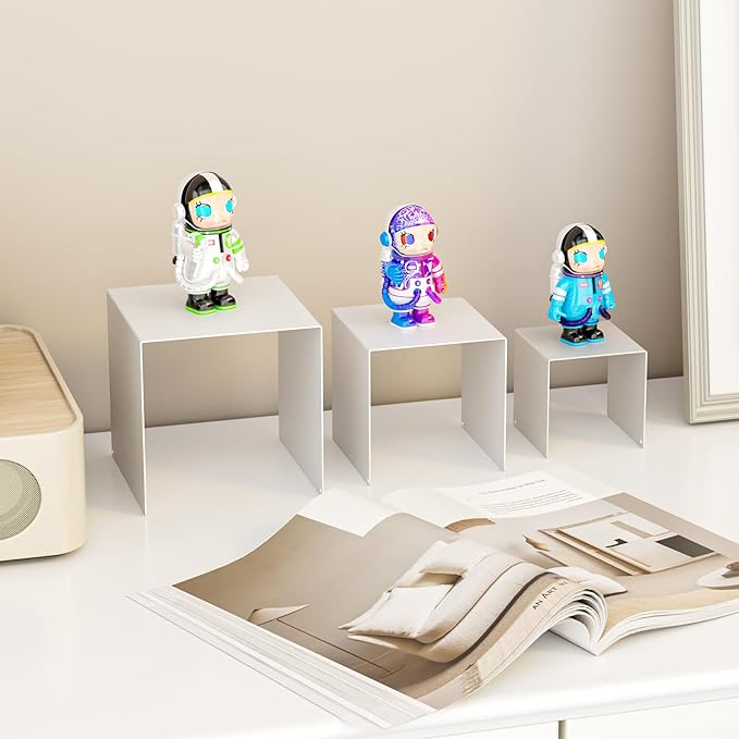 Matte Metal Display Stand,6 Pcs 2 Set Display Risers for Display, Metal Rectangular Display Shelf for Showcase, Dessert, Toys, Perfume (White, 3''x4''x5)