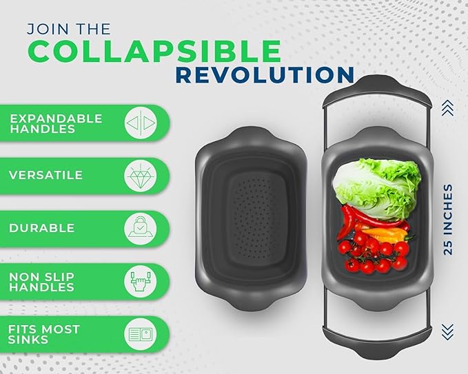 Comfify Over-the-Sink Colander with Handles – Sleek Plastic Black Kitchen Strainer for Pasta, Vegetables & Fruits – Space-Saving Design – 17.1" x 10.1" x 1.4"