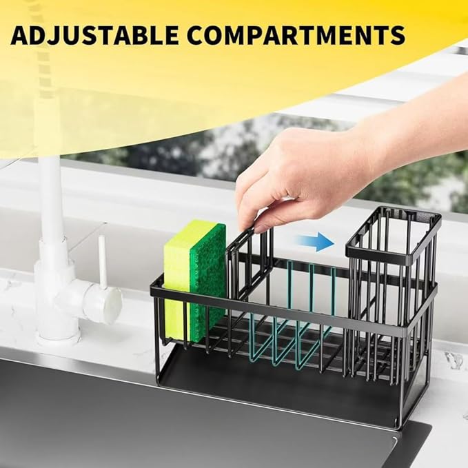 Kitchen Sink Caddy, Black Metal Wire Basket with Drip Tray, Sponge Holder for Dish Soap and Brushes, 9.1x3.7x6.2 inches (Black)
