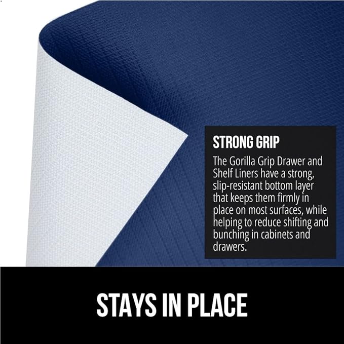 GORILLA GRIP DripGuard Shelf Liner, Non Adhesive Drawer and Kitchen Cabinet Protector, Slip Resistant BPA Free Smooth Surface Plastic Liners for Cabinets, Bathrooms, Closets, 17.5x240 Inch, Navy Blue