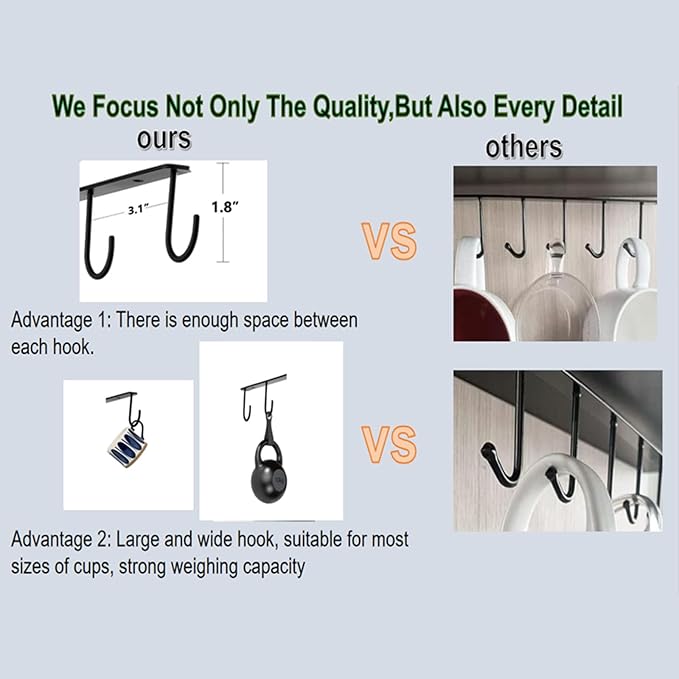 Mug Holder Under Cabinet 2pcs Coffee Mug Rack Metal Mug Organizer Under Shelf Mug Hanger Storage with 8 Hooks for Bar Kitchen Utensils/Coffee/Tea Cup Black