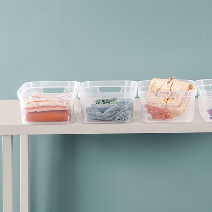 Sterilite 4.25 x 8 x 12.25 Inch Small Modern Storage Bin w/Comfortable Carry Through Handles & Banded Rim for Household Organization, Clear (16 Pack)