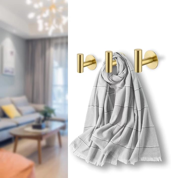 Bntuk Adhesive Towel Hooks, Heavy Duty Wall Hooks Stainless Steel Waterproof Shower Towel Hooks - 4 Pack, Gold