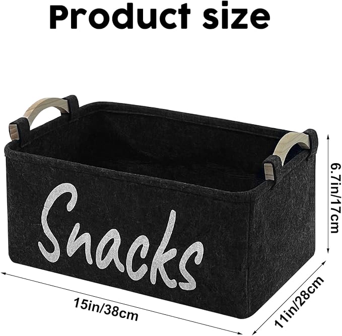 2 PCS Snack Bin Organizer for Pantry, Snack Basket Organizer for Countertop with Wooden Handles Thickened Felt Snack Storage Containers for Storing Chips Pretzels Cookies Popcorn and More