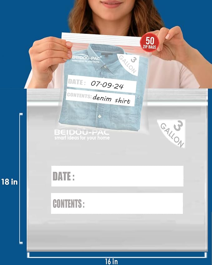 BEIDOU-PAC 3 Gallon Large Plastic Bags with Zipper Top, | 50 Count | 2 Mil | 16" x 18" | Heavy-Duty Reusable Clear Freezer Storage Bags