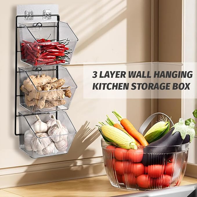 3-Pack Small Clear Storage Baskets, Wall Mounted Adhesive Spice Rack Plastic Storage Bins Kitchen Wall Organizer and Storage Shelves, Spice Organizer for Countertop/Cabinet/Bathroom