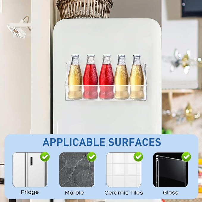 Suction Cup Shelf Fridge Drink Organizer Clear Acrylic Refrigerator Storage Shelf 5 Bottle Drink Organizer for Fridge, Suction Cup Spice Rack Shower Shelves for Kitchen Bathroom