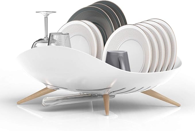 carrotez Dish Drying Rack, Dish Rack, Dish Drainer with Swivel Spout for Kitchen Counter, Auto Water Drainage, Durable, Rustproof, White