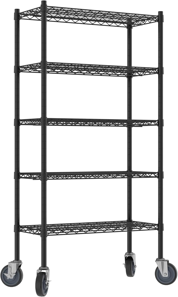 Commercial NSF Listed Black Epoxy Mobile Wire Shelving Kit 14" x 30" x 60", with 5 Shelves Perfect for Warehouse, Walk-in Refrigerator, Freezer, Grocery Store, Restaurant, Dishroom